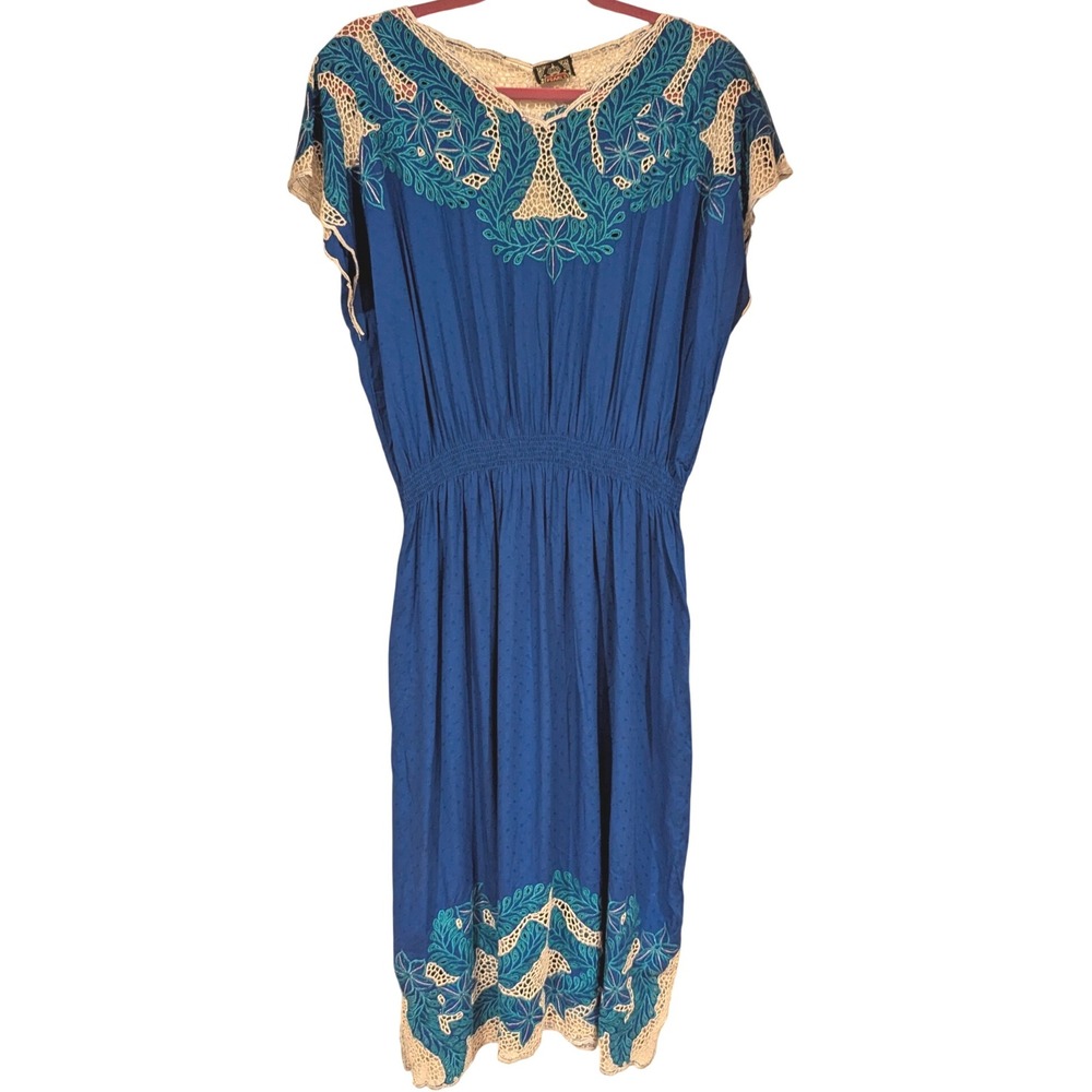 Pearls Blue Embroidered Boho Smocked Waist Midi Dress Cottagecore Festival